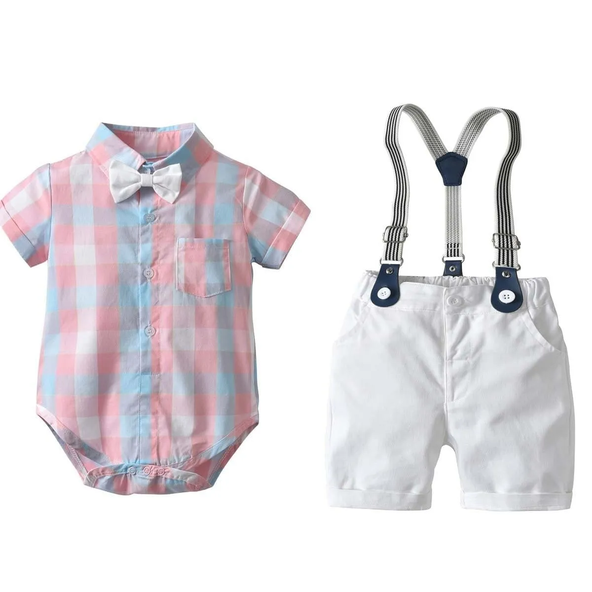 2PCS Toddler Boys Short Sleeves Romper Outfits Suspender Set for Baby Boy