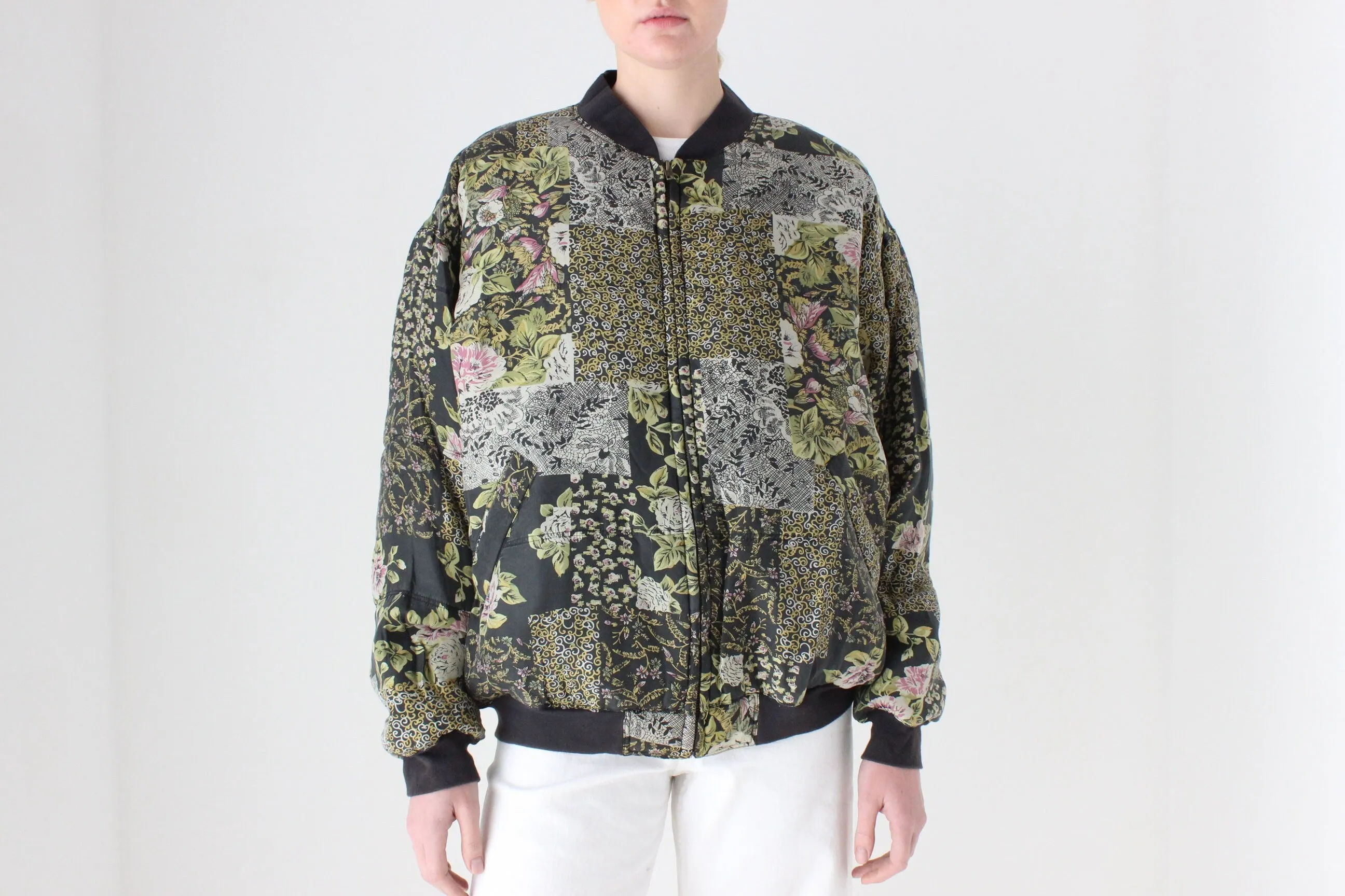 80s Pure Silk Floral Print Quilted Bomber Jacket