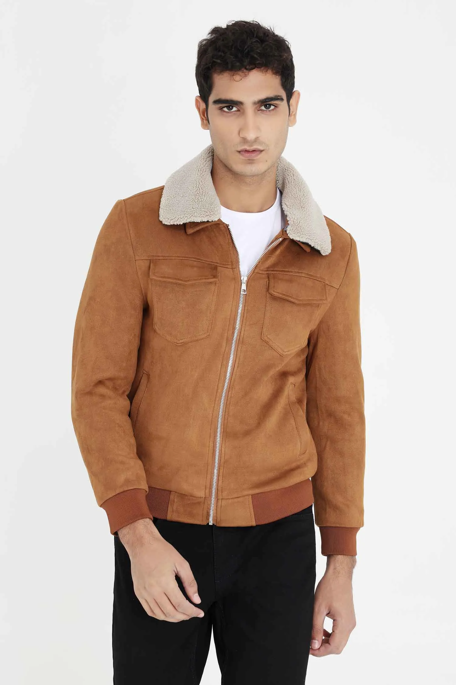 ALMAS URBAN SUEDE JACKET WITH FUR COLLAR-CAMEL