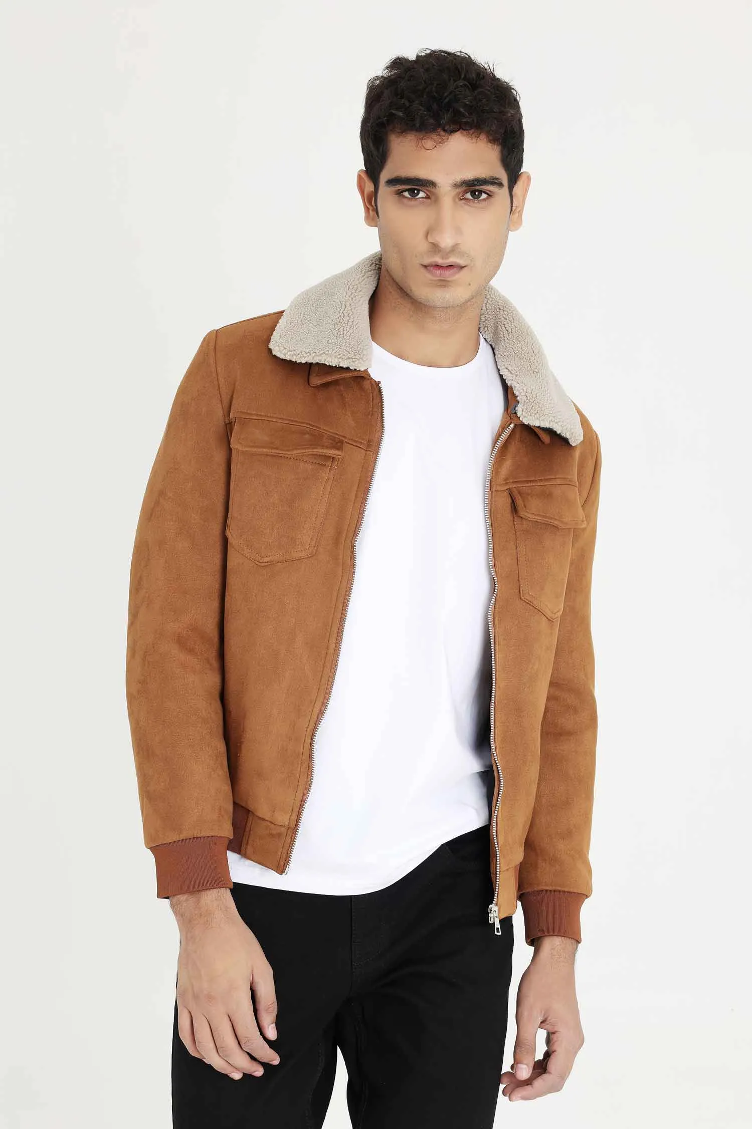 ALMAS URBAN SUEDE JACKET WITH FUR COLLAR-CAMEL