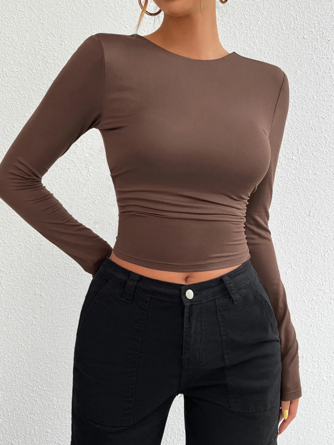 Backless Round Neck Long Sleeve T-Shirt