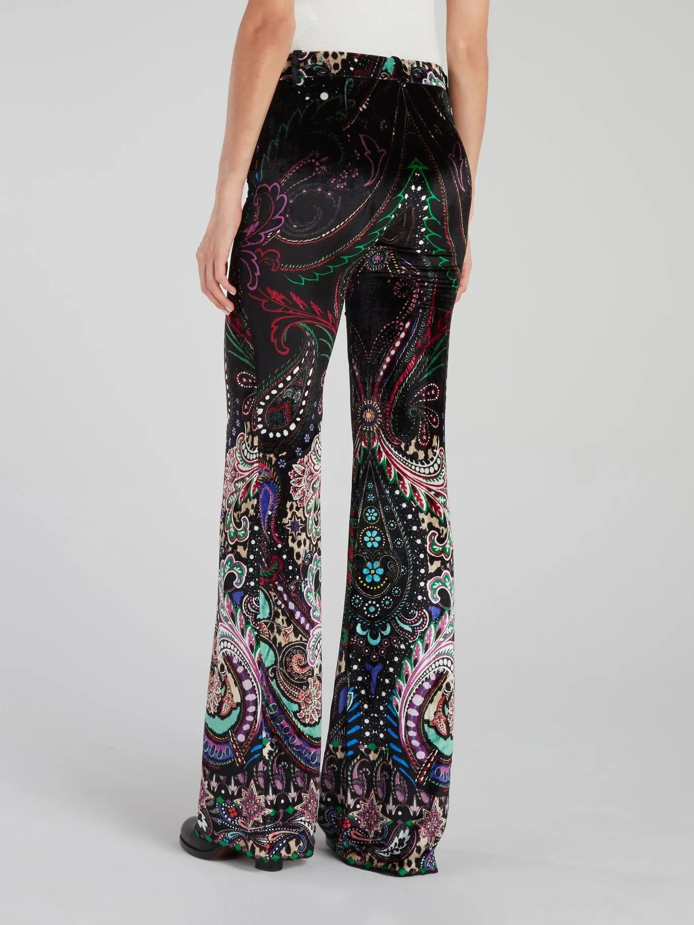 Baroque Print Velvet Flared Pants