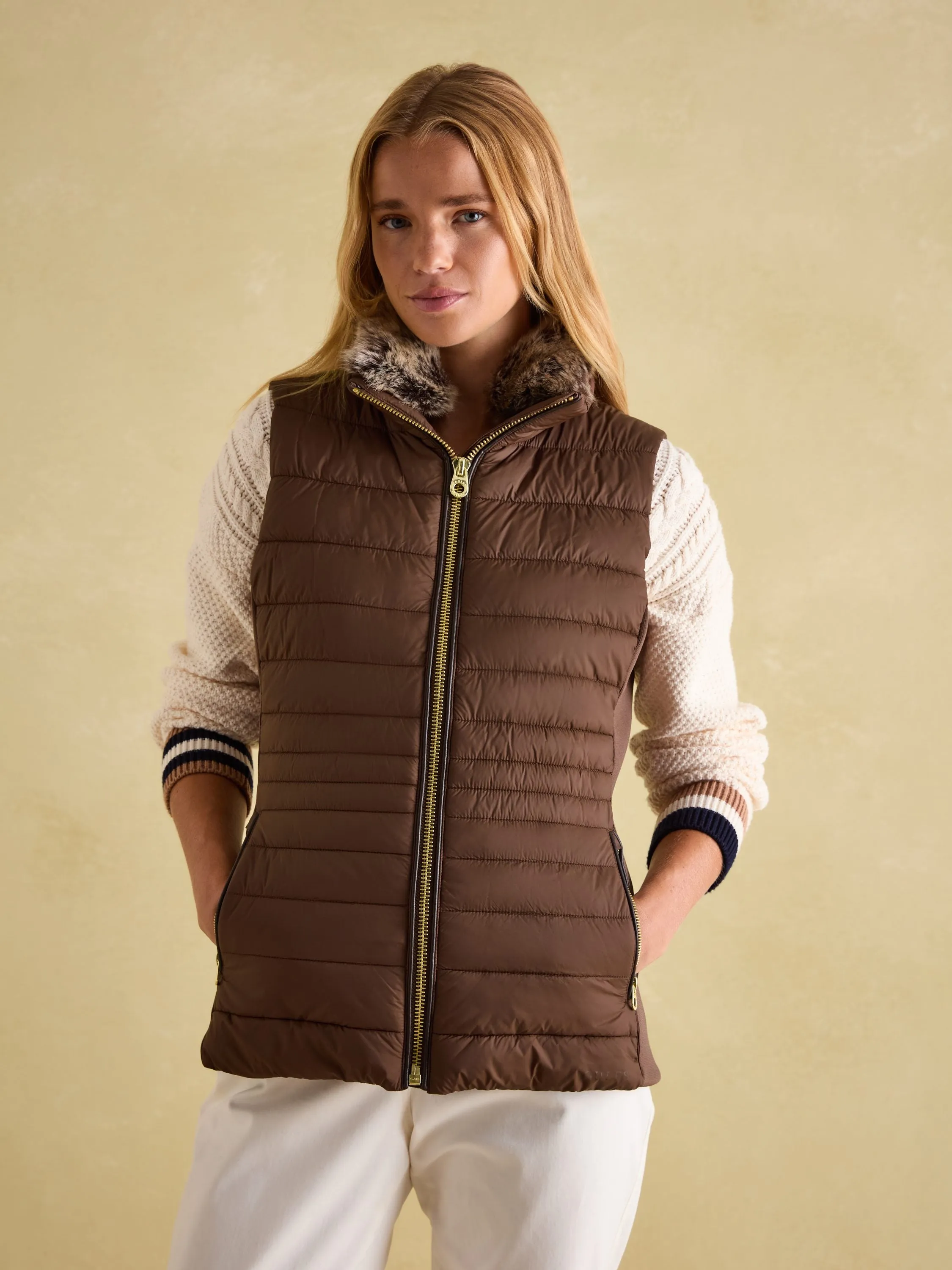 Beckley Brown Padded Showerproof Gilet With Detachable Faux Fur Collar