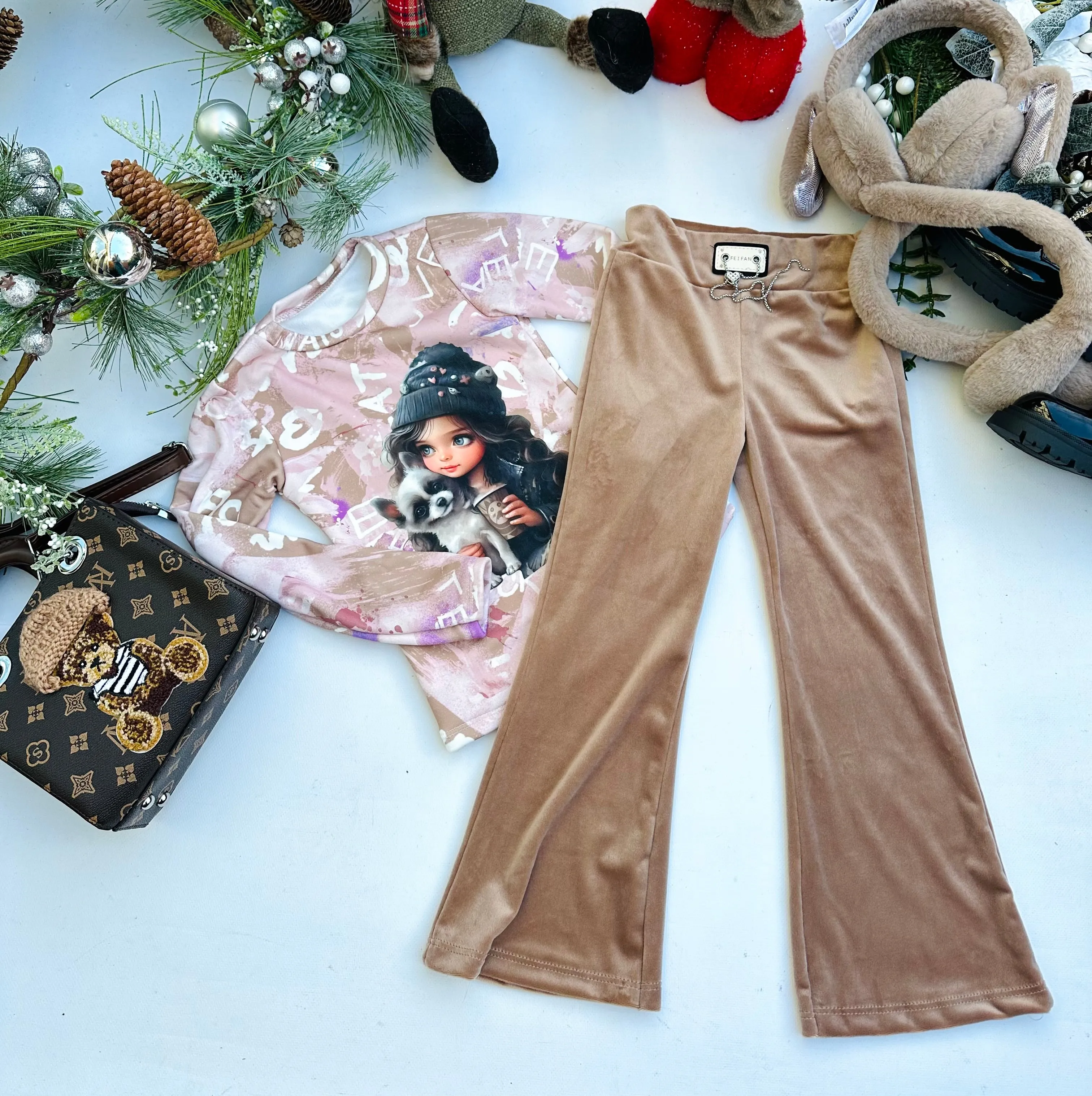 Beige velvet flared pants