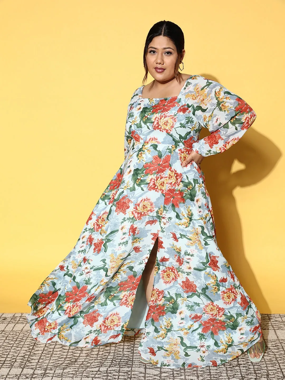 Berrylush Women Plus Size Blue & Orange Floral Printed Square Neck Georgette Thigh-High Slit Flared Maxi Dress