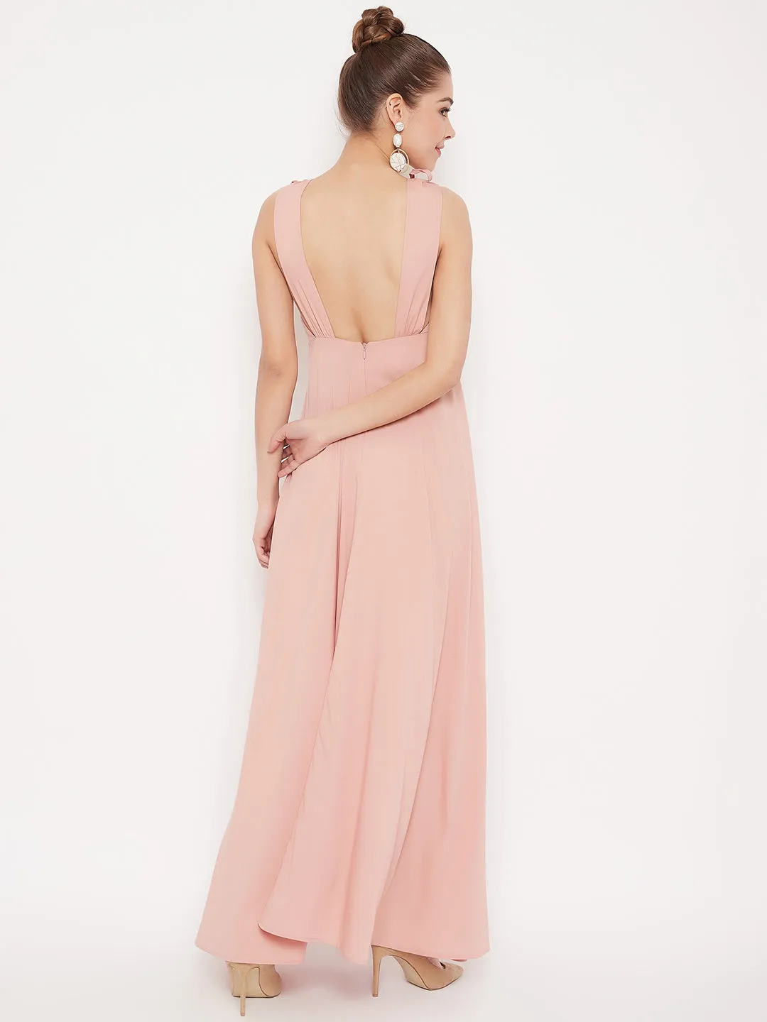 Berrylush Women Solid Pink V-Neck Tie-Up Strap Low Back Flared Maxi Dress