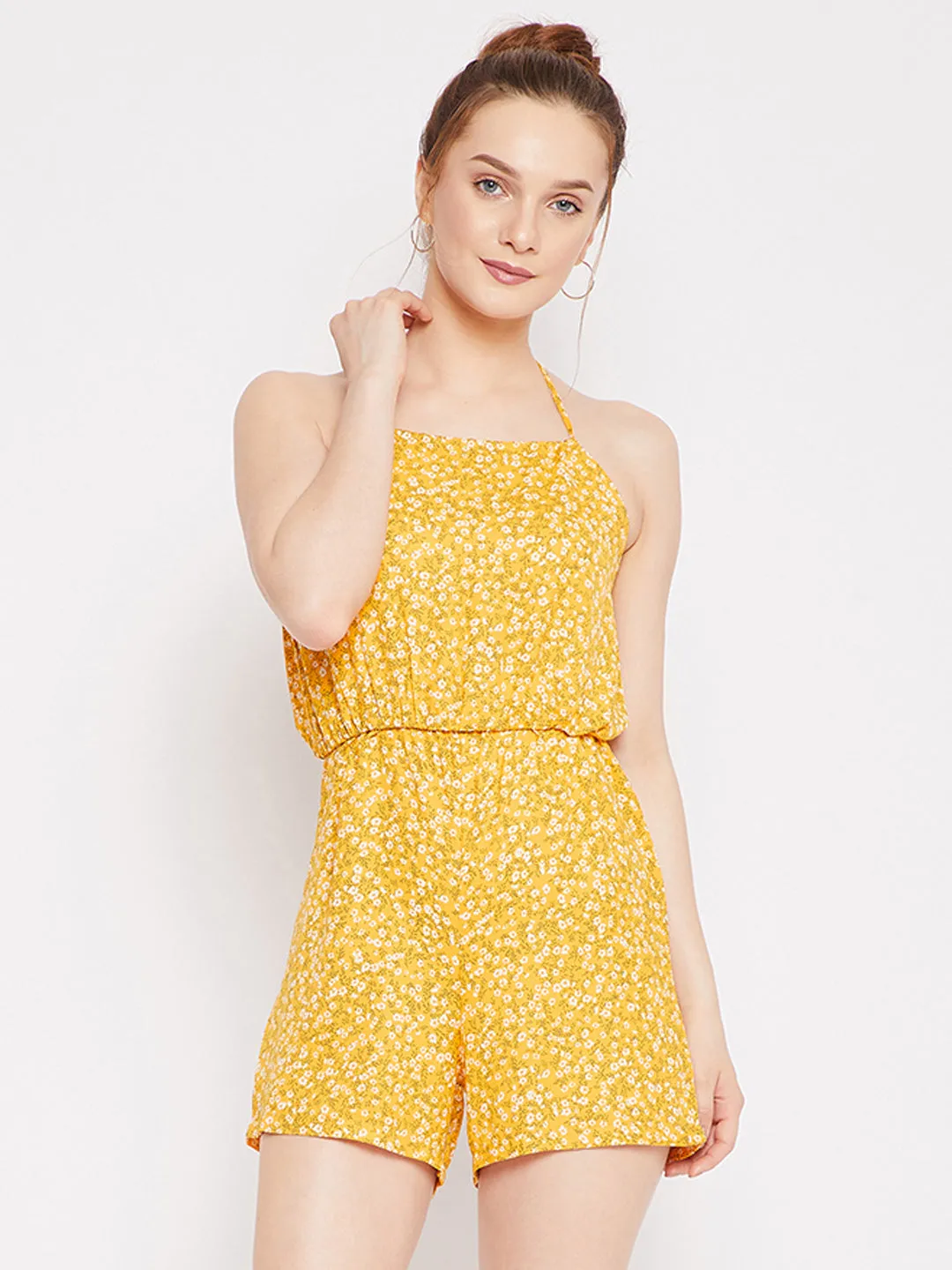 Berrylush Women Yellow & White Floral Print Halter Neck Gathered Waist Mini Romper