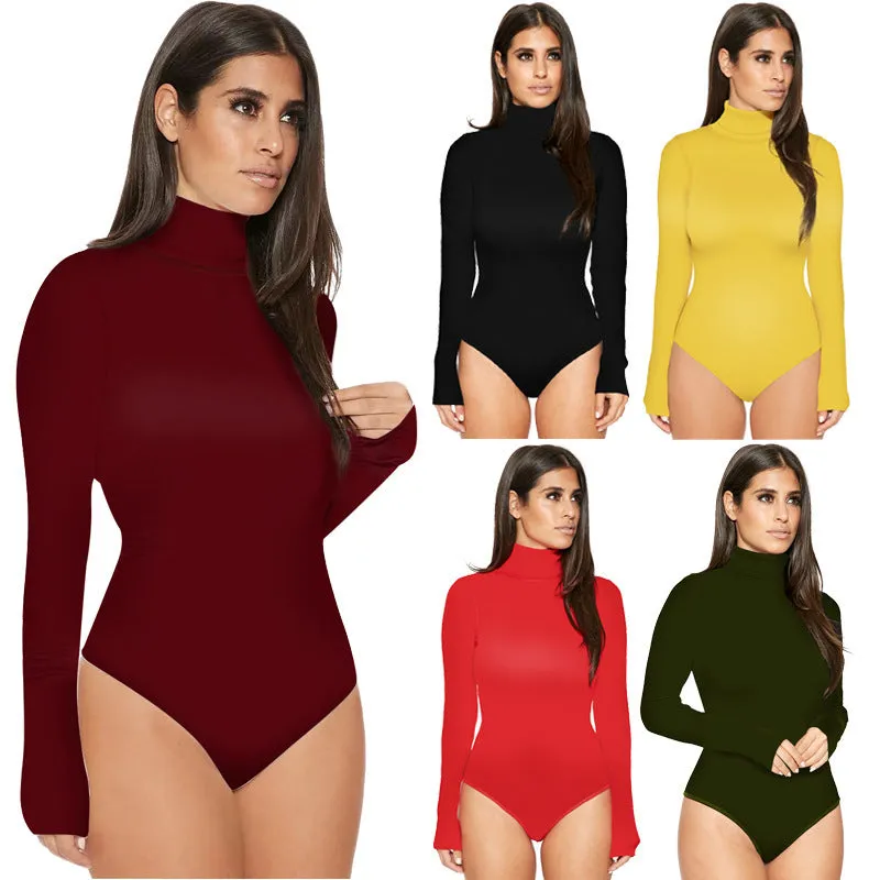 Best selling women 12 color long sleeve high collar Slim jumpsuit winter