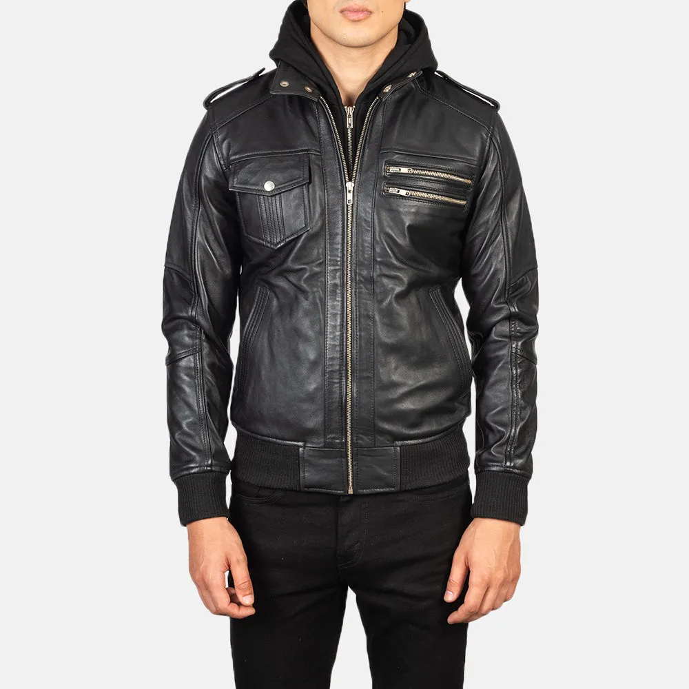 Black Hooded Bomber Leather Jacket