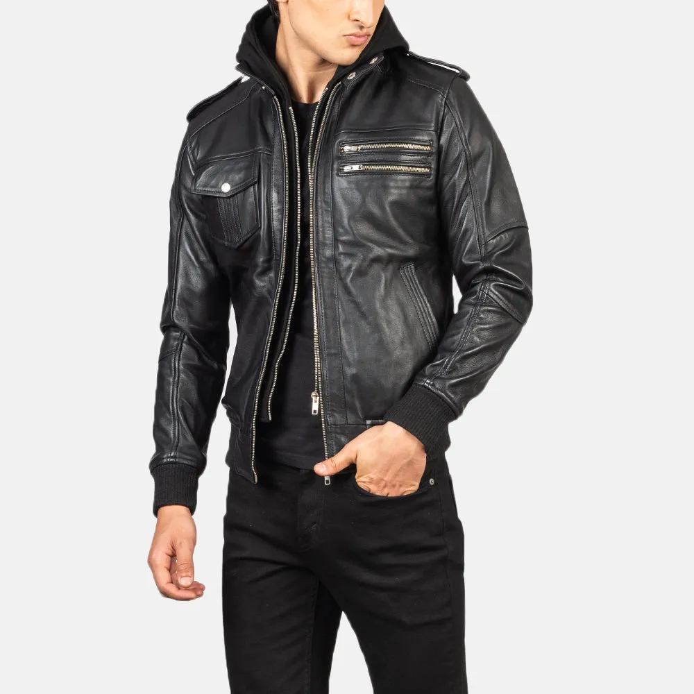 Black Hooded Bomber Leather Jacket