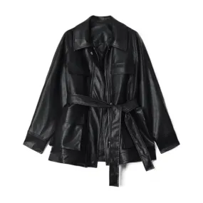 Black Pocket PU Leather Jacket