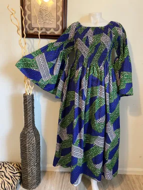 Blue/Green/White African Print Maxi Dress