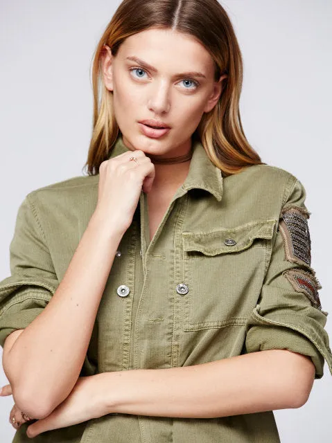 Boho Army Jacket Shirt Embellished Seed Bead Military Officer Stripes Eagle Button Down Khaki Olive Drab Green Or Black You Choose Available In Sizes Extra Small XS Small Medium Or Large