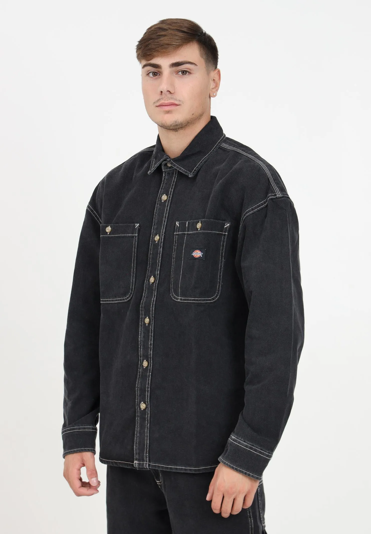 Camicia di jeans a manica lunga Houston in denim nero da uomo