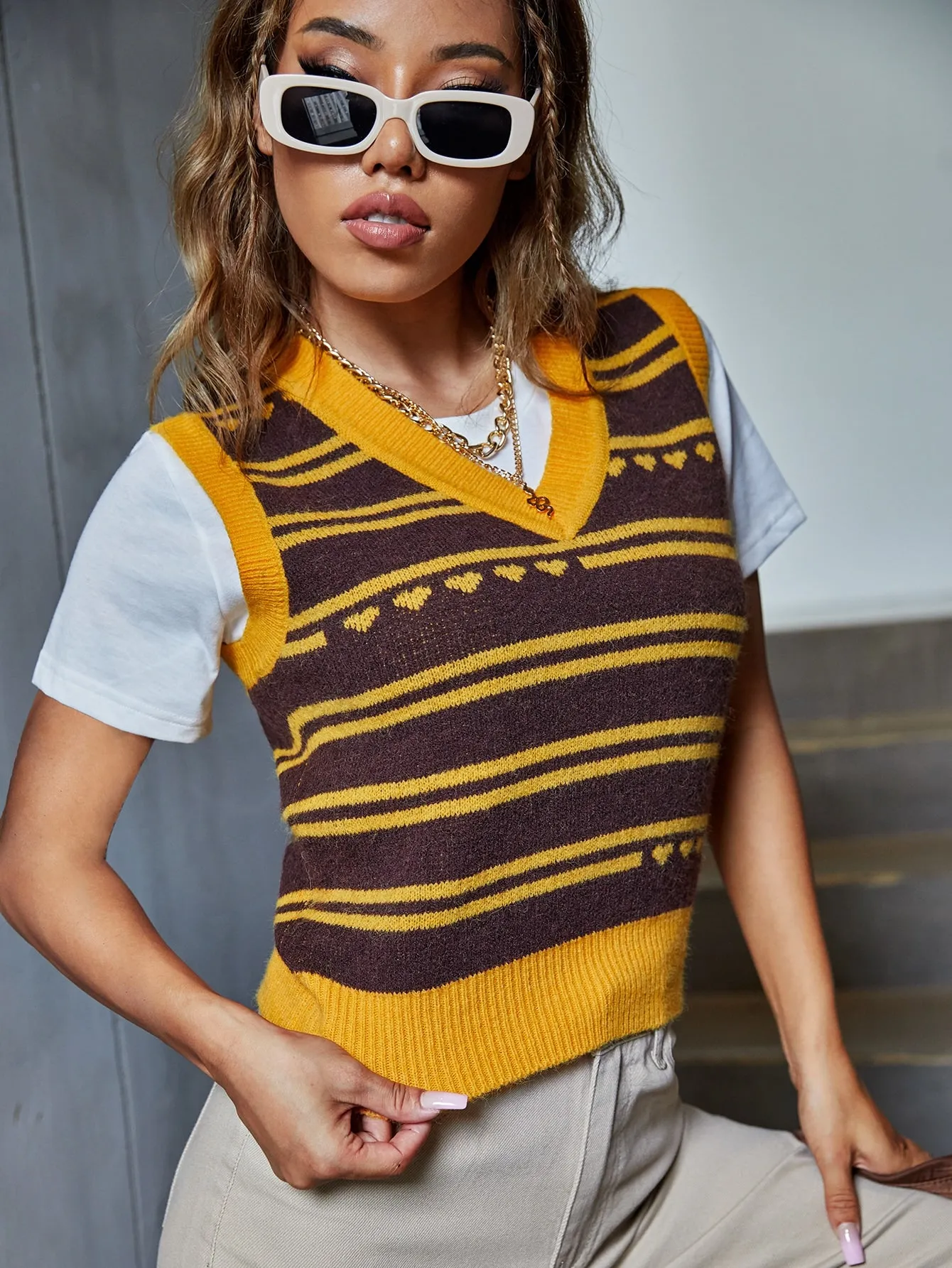 Casual Striped Sleeveless V Neck Crop Women Knit Top