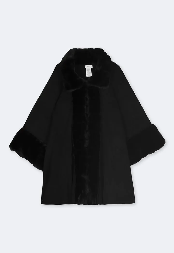 Choice Faux Fur Collar Poncho Black