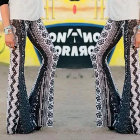 Clearance White And Black Diamond Flower Print Bell-bottom Pants