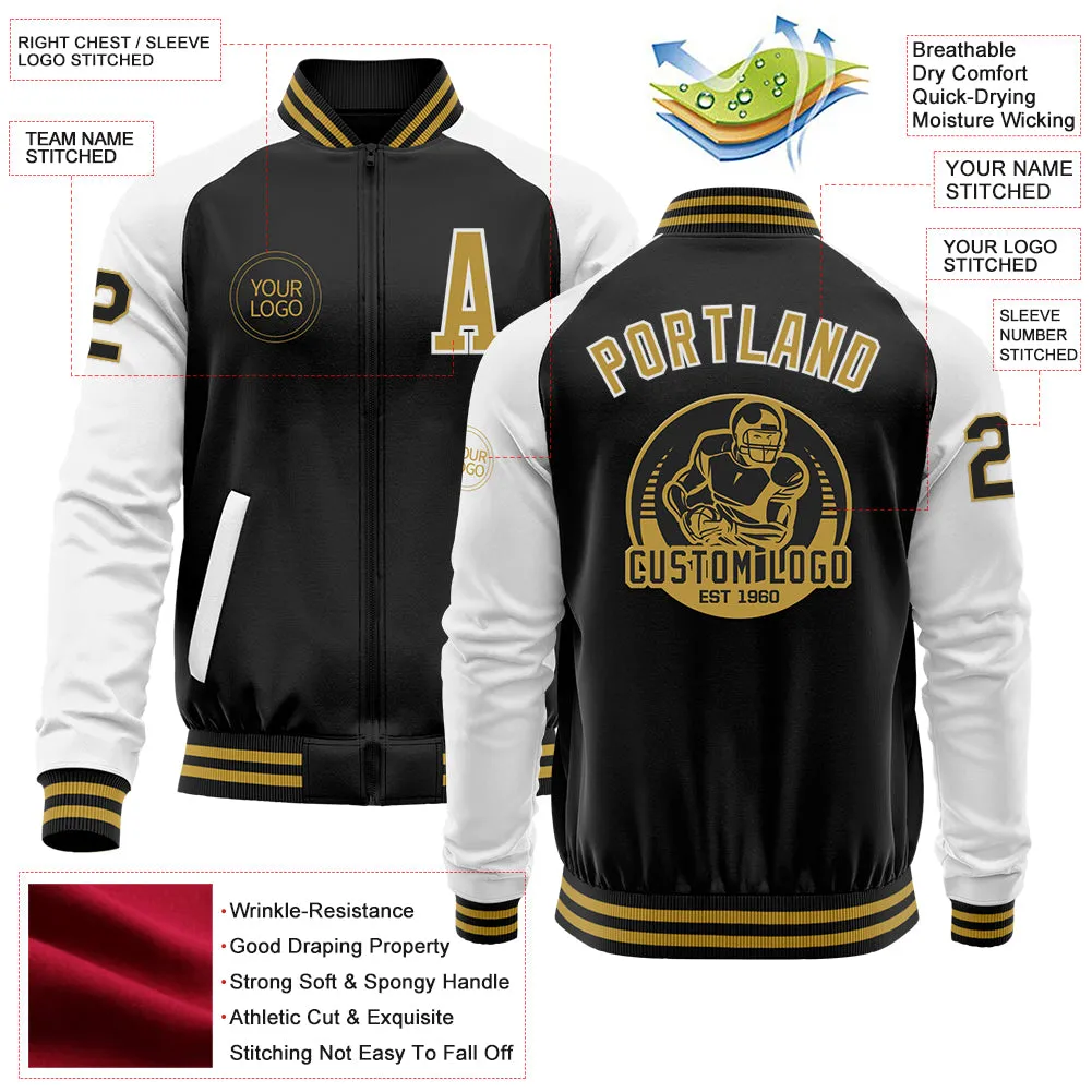 Custom Black Old Gold-White Bomber Varsity Letterman Two Tone Zipper Jacket