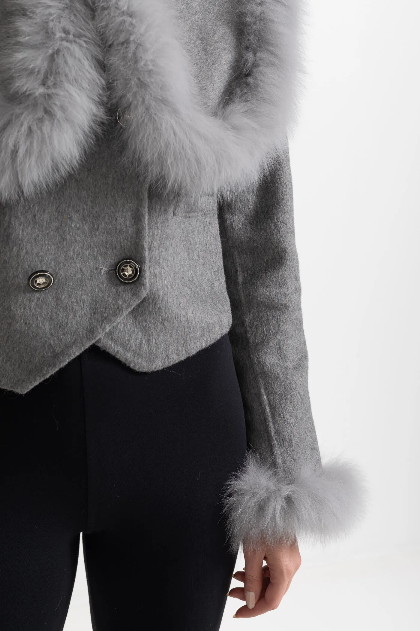 Double Breasted Cropped Jacket With Fur Collar Embellishment - Gray