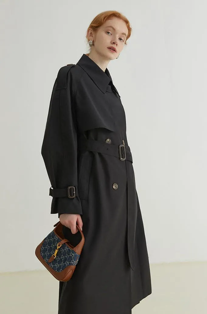 Double-Breasted Loose Mid-Length Melton Trench Coat