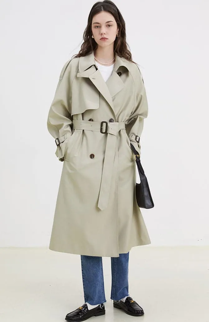 Double-Breasted Loose Mid-Length Melton Trench Coat