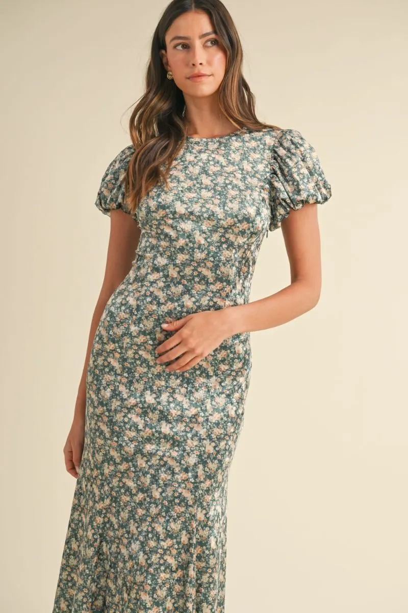 Elegant Velvet Green Ditzy Floral Dress