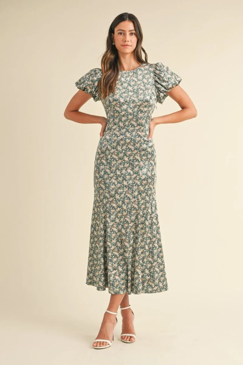 Elegant Velvet Green Ditzy Floral Dress