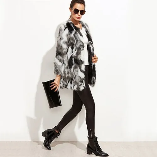 Faux Fur Fuzzy Coat Women ColorBlock Open Front Elegant Autumn Coats Fashion Winter Long Sleeve OL Work Coat Outerwear