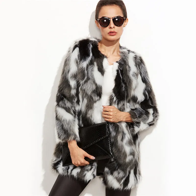 Faux Fur Fuzzy Coat Women ColorBlock Open Front Elegant Autumn Coats Fashion Winter Long Sleeve OL Work Coat Outerwear