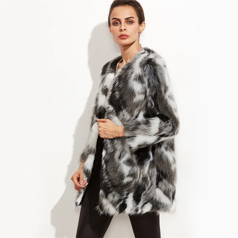 Faux Fur Fuzzy Coat Women ColorBlock Open Front Elegant Autumn Coats Fashion Winter Long Sleeve OL Work Coat Outerwear