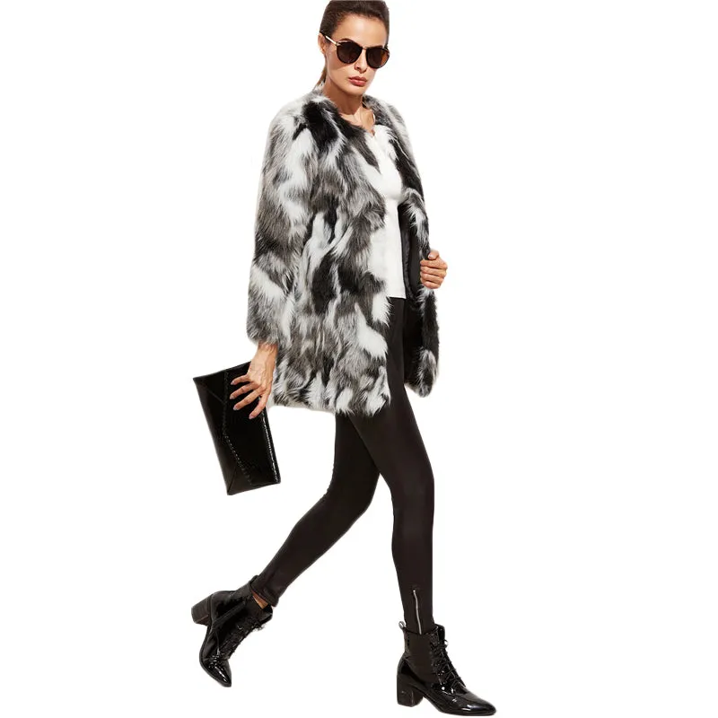 Faux Fur Fuzzy Coat Women ColorBlock Open Front Elegant Autumn Coats Fashion Winter Long Sleeve OL Work Coat Outerwear