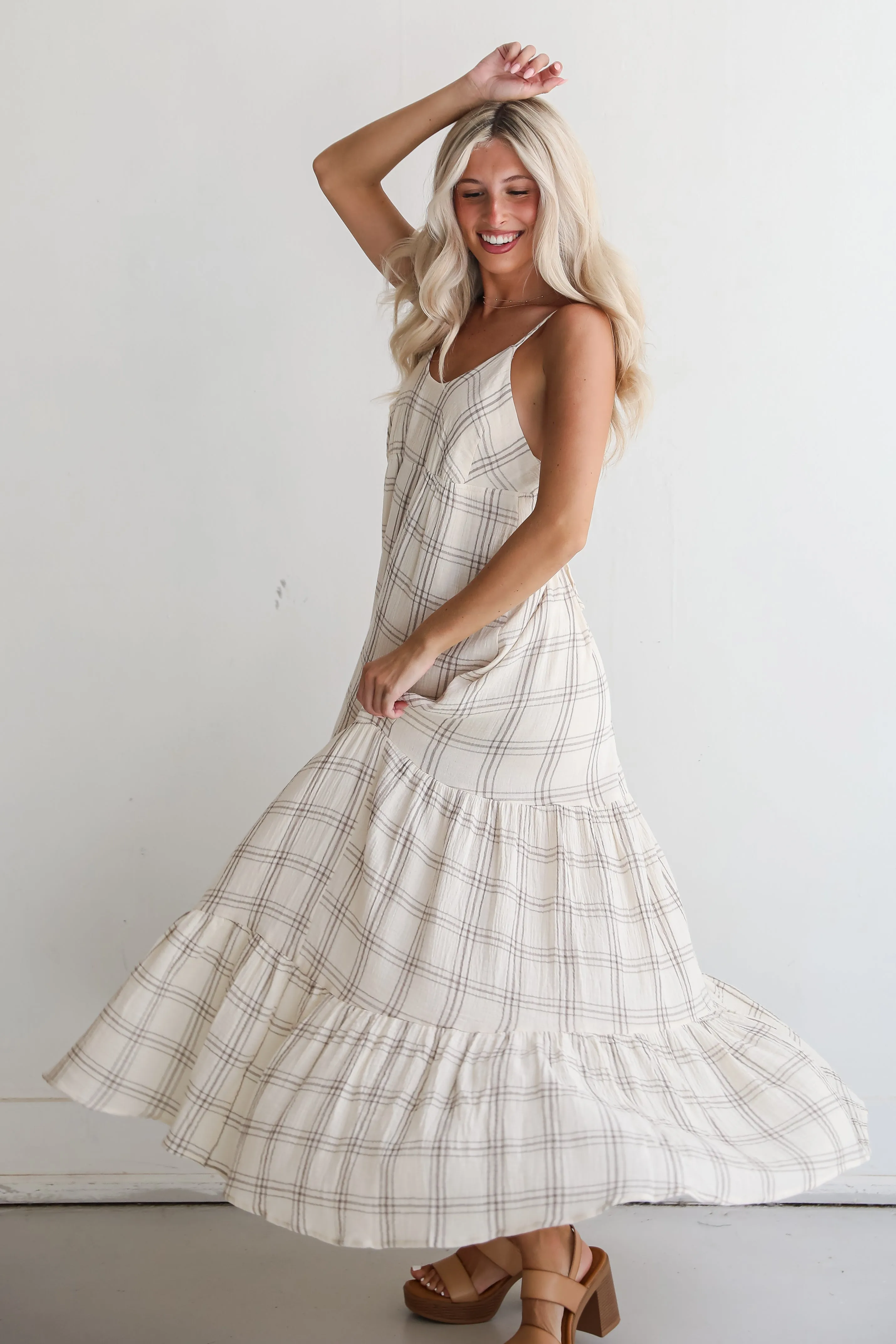 FINAL SALE - Playful Vibes Grey Plaid Linen Maxi Dress