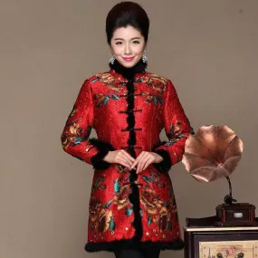 Floral Silk & Linen Chinese Style Long Women's Wadded Coat