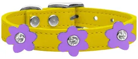 Flower Leather Collar Yellow With Lavender Flowers Size 14