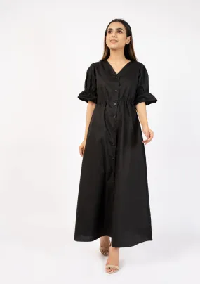 Front Button Maxi Dress - black