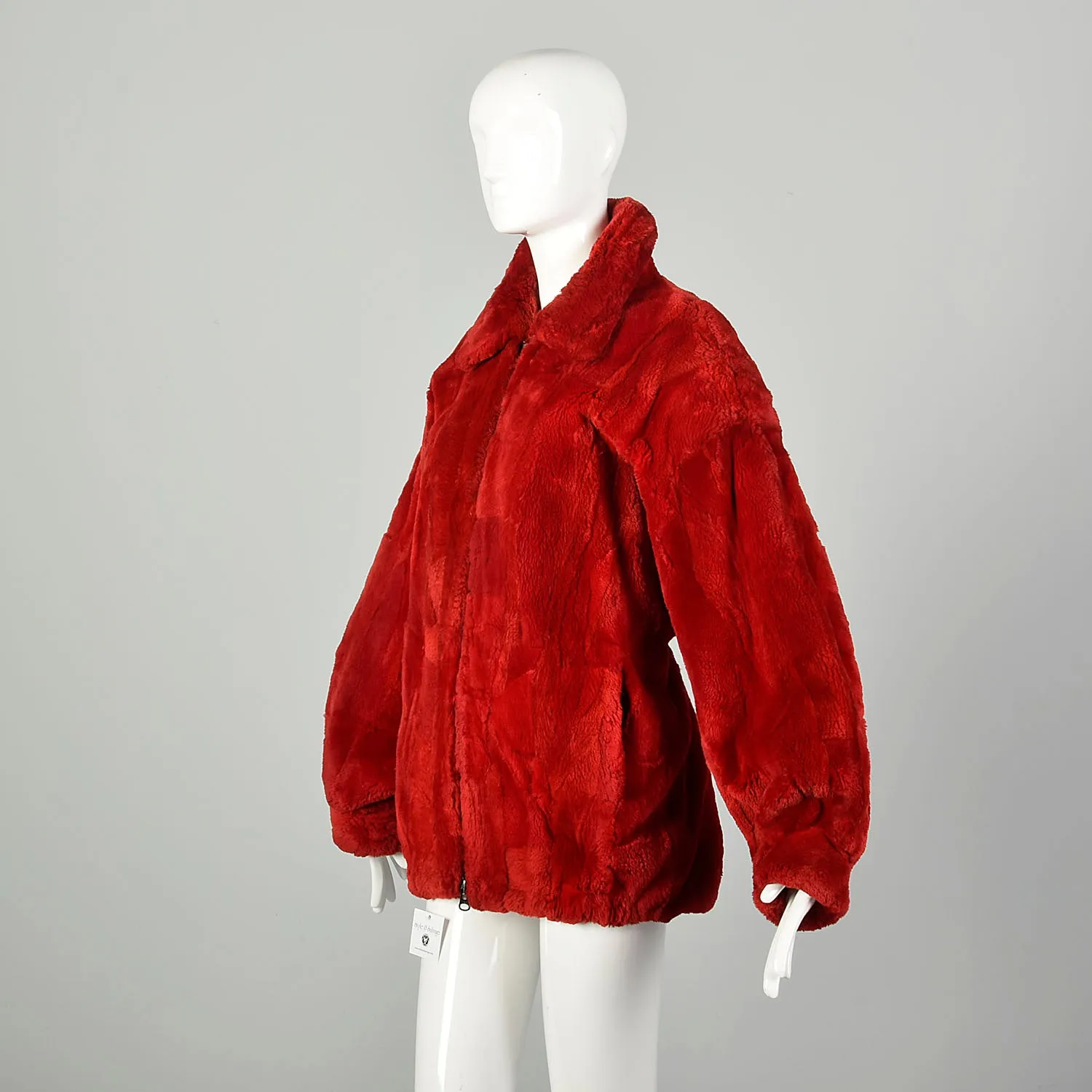 Large 1980s Sheared Bomber Jacket Cozy Winter Coat Red Zip Front Oversized