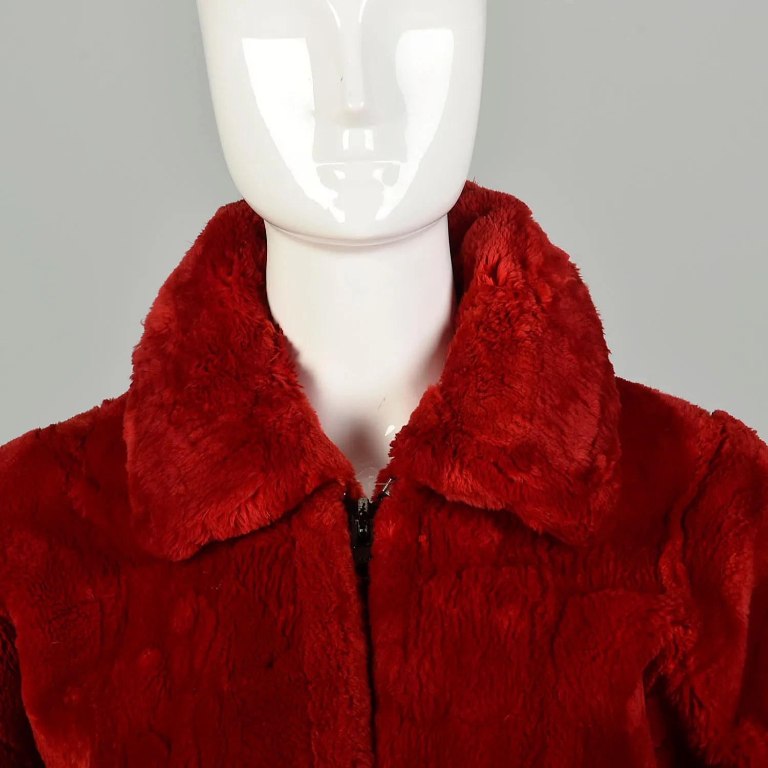 Large 1980s Sheared Bomber Jacket Cozy Winter Coat Red Zip Front Oversized