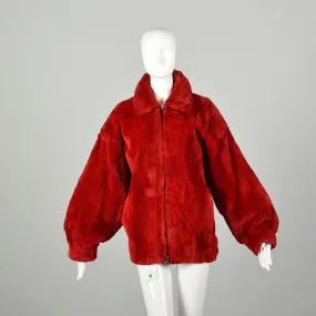 Large 1980s Sheared Bomber Jacket Cozy Winter Coat Red Zip Front Oversized