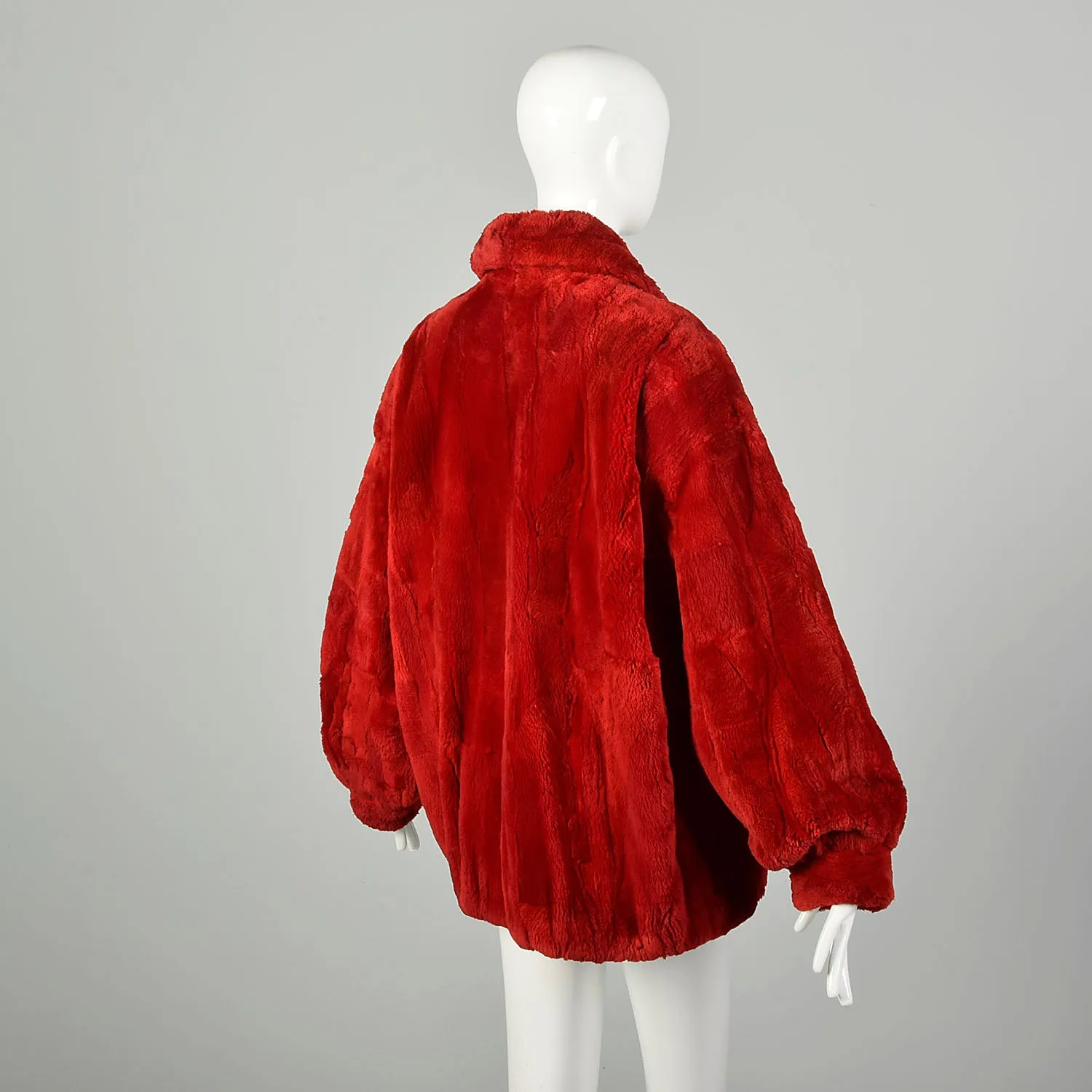 Large 1980s Sheared Bomber Jacket Cozy Winter Coat Red Zip Front Oversized