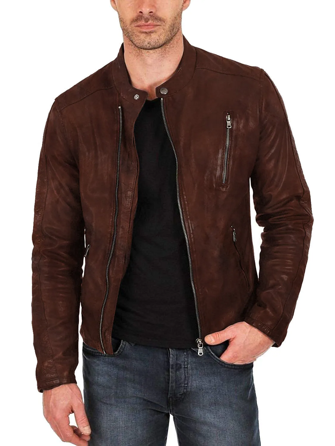 Leather Jackets Hub Mens Genuine Lambskin Leather Jacket (Black, Classic Jacket) - 1501159