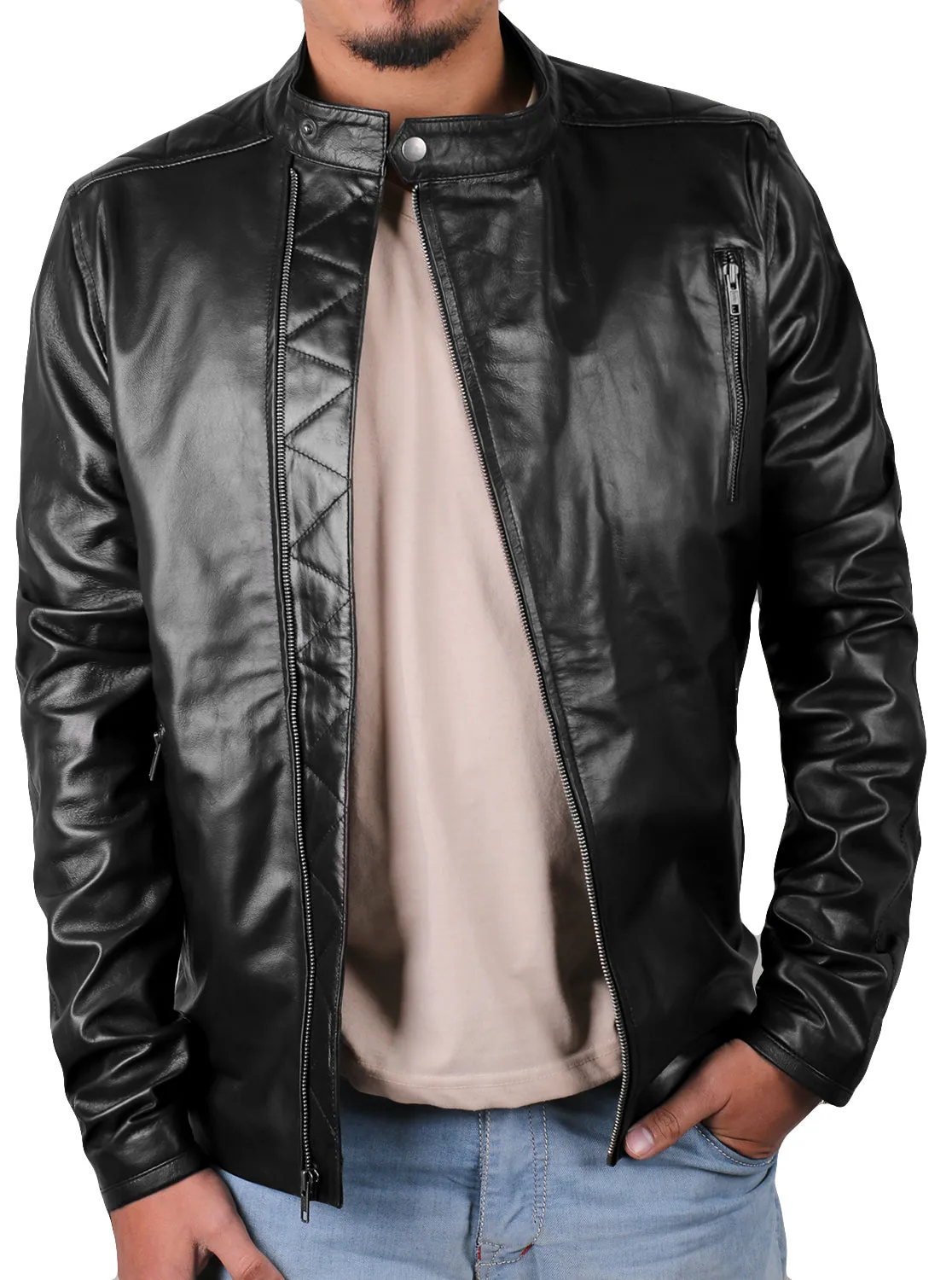 Leather Jackets Hub Mens Genuine Lambskin Leather Jacket (Black, Classic Jacket) - 1501159