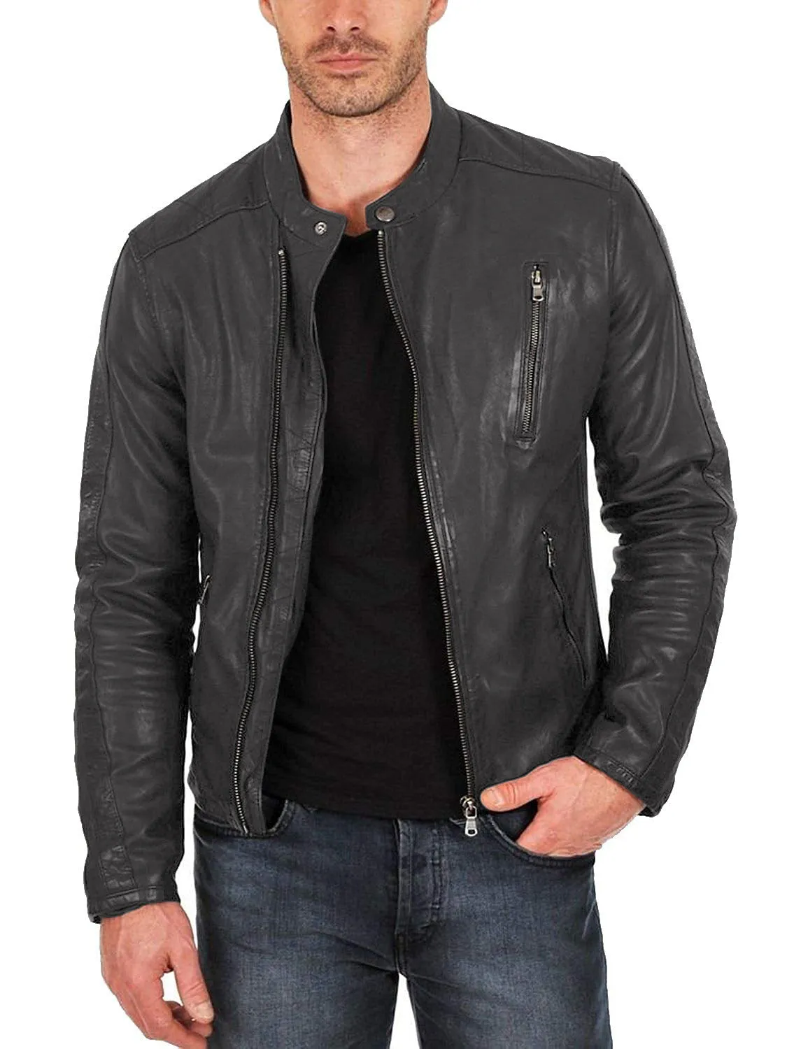 Leather Jackets Hub Mens Genuine Lambskin Leather Jacket (Black, Classic Jacket) - 1501159