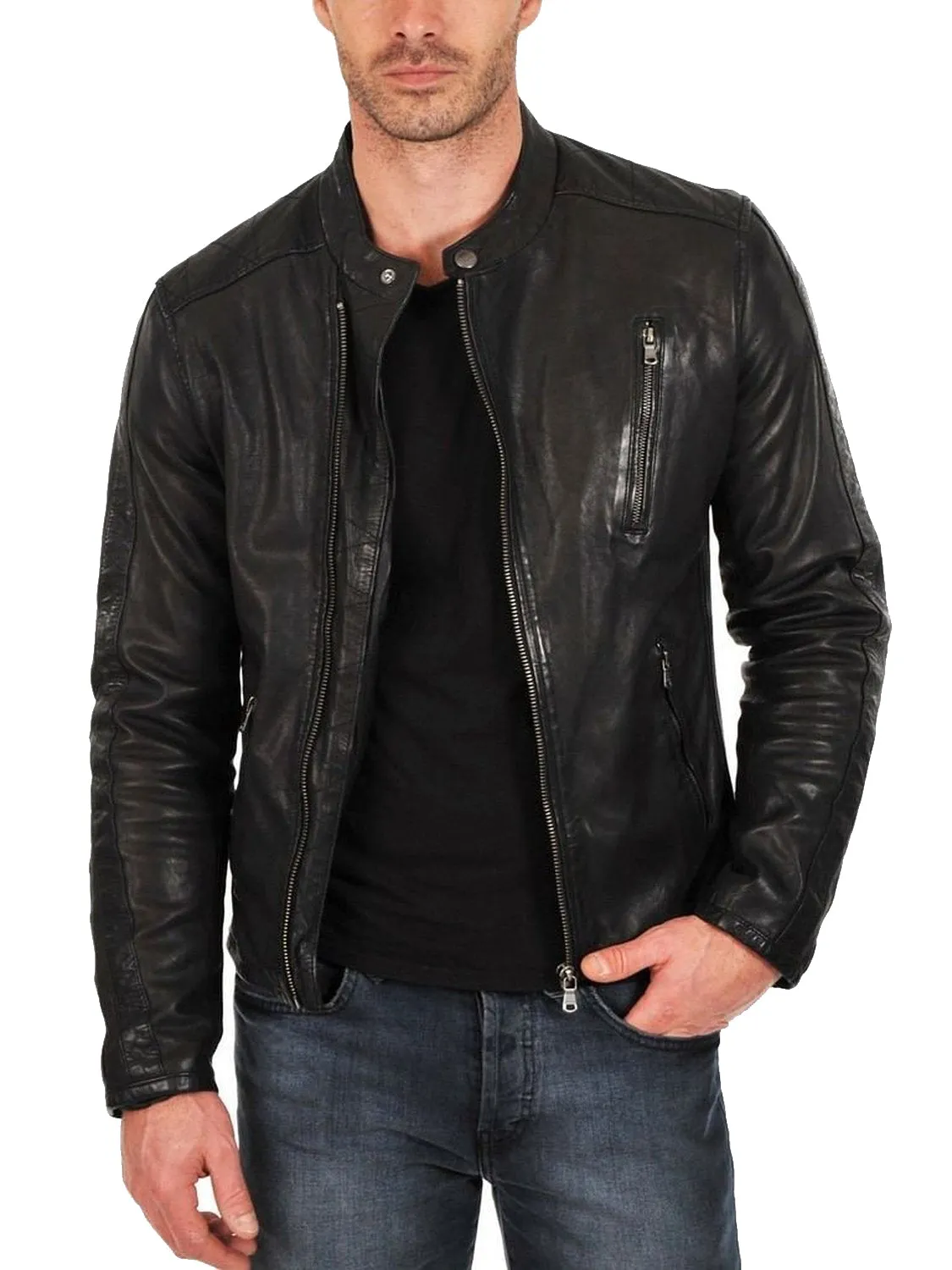 Leather Jackets Hub Mens Genuine Lambskin Leather Jacket (Black, Classic Jacket) - 1501159