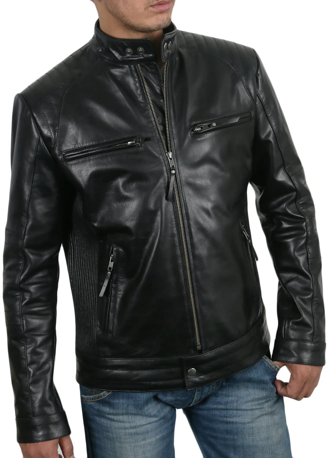 Leather Jackets Hub Mens Genuine Lambskin Leather Jacket (Black, Fencing Jacket) - 1501309