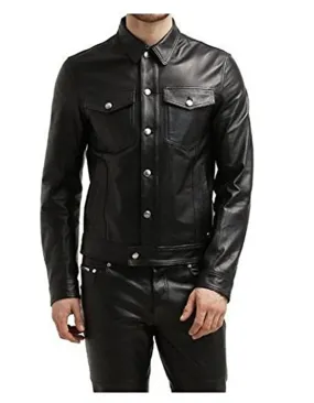 Leather Jackets Hub Mens Genuine Lambskin Leather Jacket (Black, Officer Jacket) - 1501132