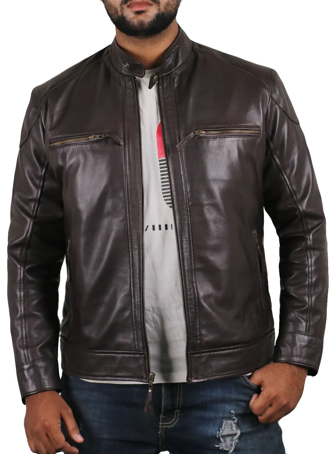 Leather Jackets Hub Mens Genuine Lambskin Leather Jacket (Black, Racer Jacket) - 1501394