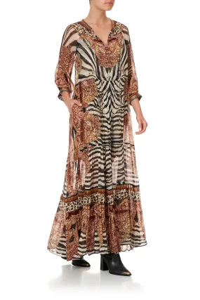 LONG GATHERED PANEL DRESS WILD FIRE