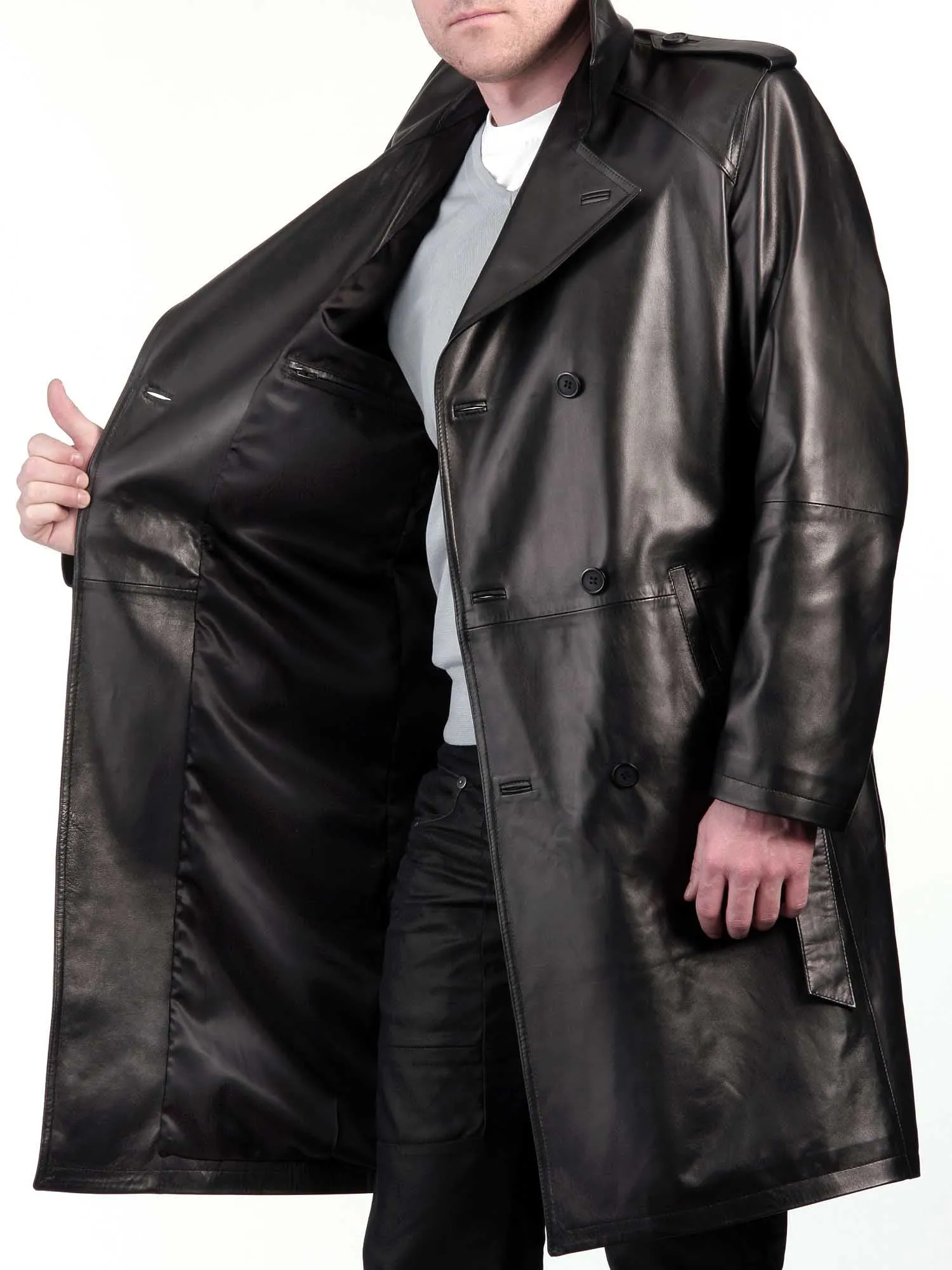 Men's Black Leather Knee Length Trench Coat MC01