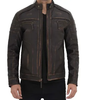 Mens Brown Four Pocket Distressed Vintage Cafe Racer Jacket