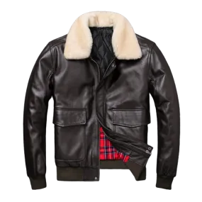 Mens Knox Flight Bomber Genuine Lambskin Leather Fur Collar Cotton Checked Lined Jacket